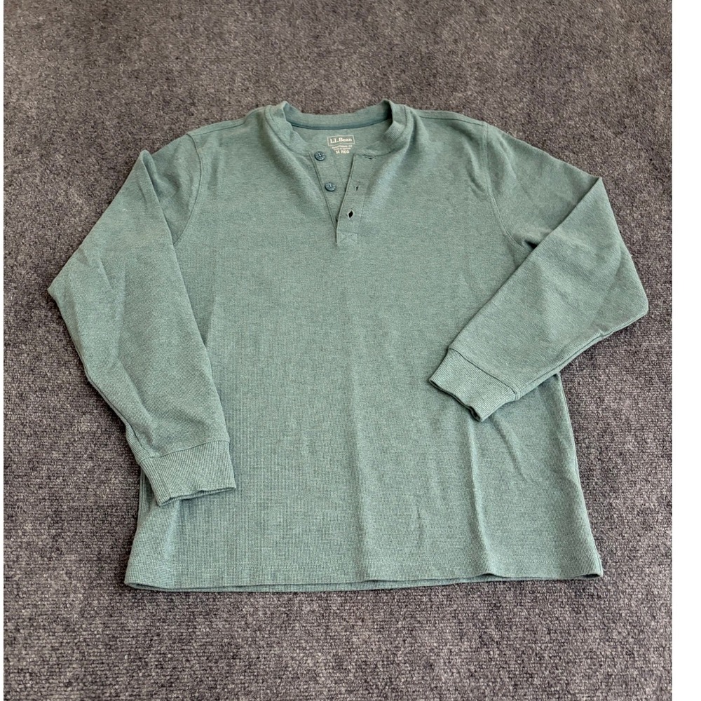LL Bean Mens Henley Shirt Medium Green Long Sleeve Waffle Knit Cotton 502224
